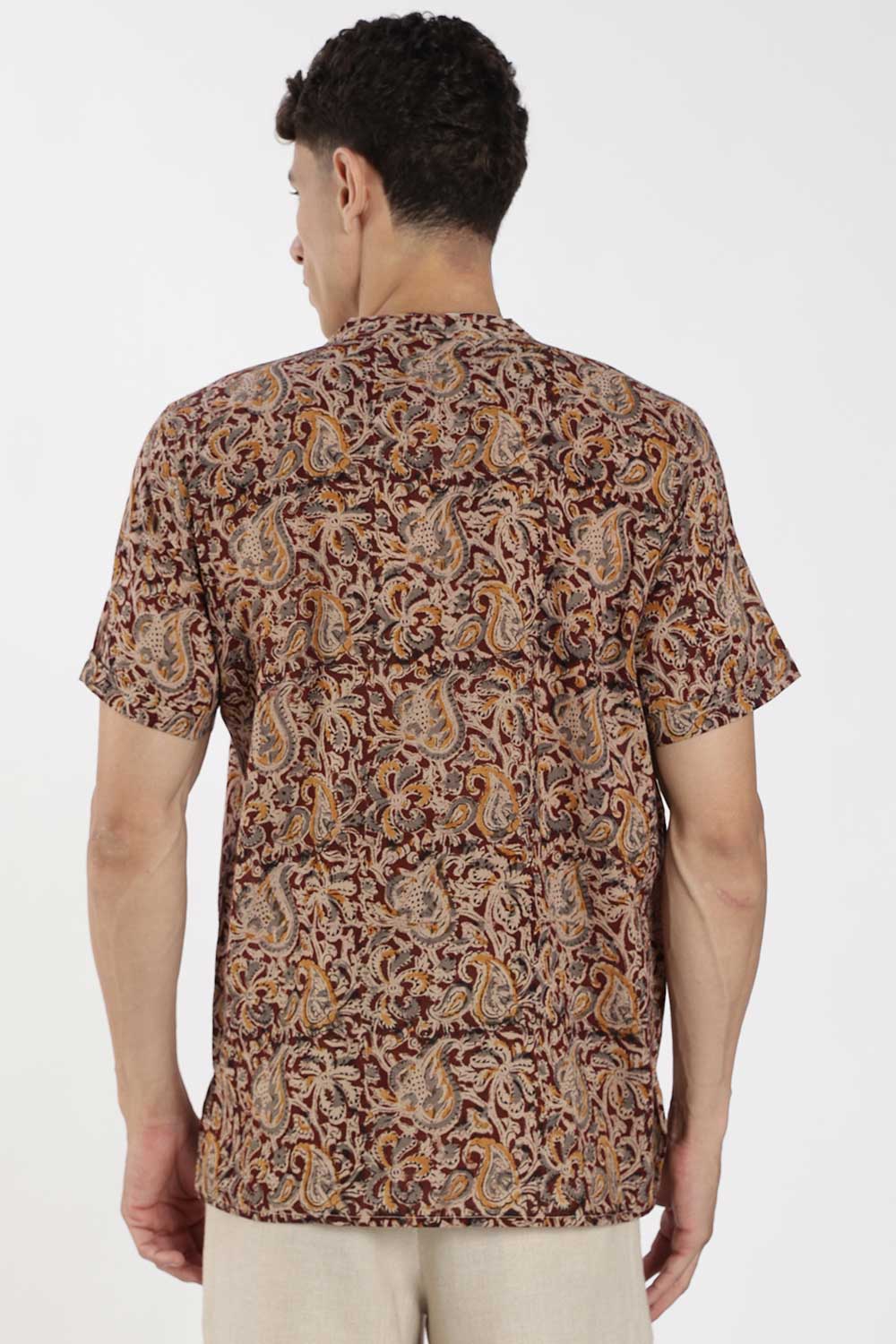 Enhance Men’s Cotton Short Kurta – Printed Casual Kurta with Mandarin Collar & Pocket | Everyday Wear Kurtha - Maroon - P5KU09