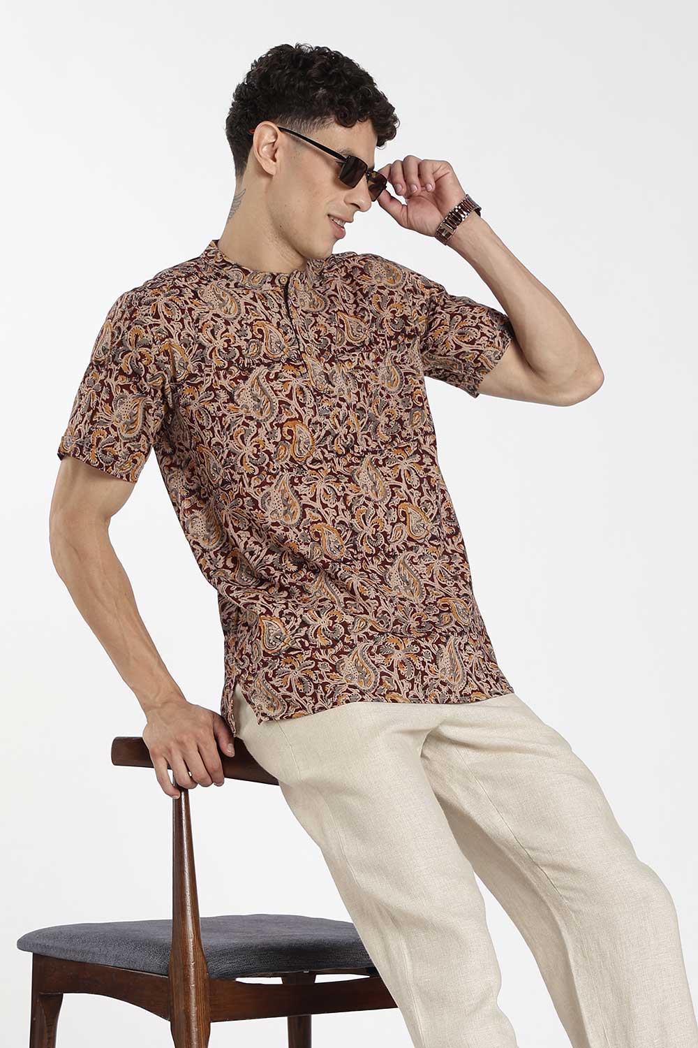 Enhance Men’s Cotton Short Kurta – Printed Casual Kurta with Mandarin Collar & Pocket | Everyday Wear Kurtha - Maroon - P5KU09