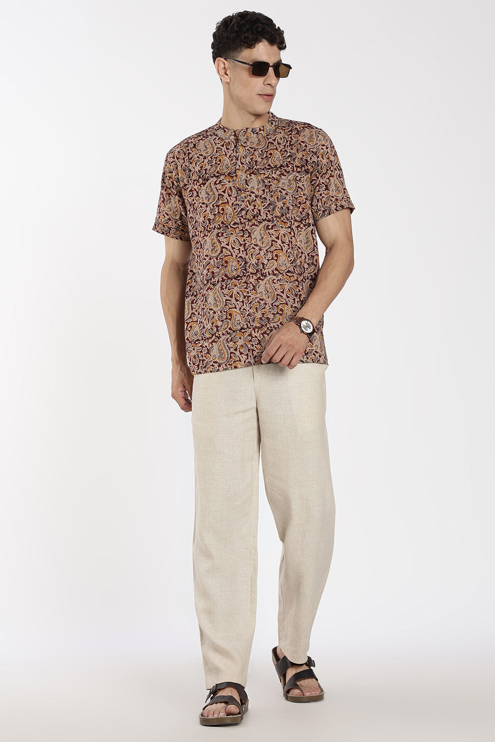 Enhance Men’s Cotton Short Kurta – Printed Casual Kurta with Mandarin Collar & Pocket | Everyday Wear Kurtha - Maroon - P5KU09