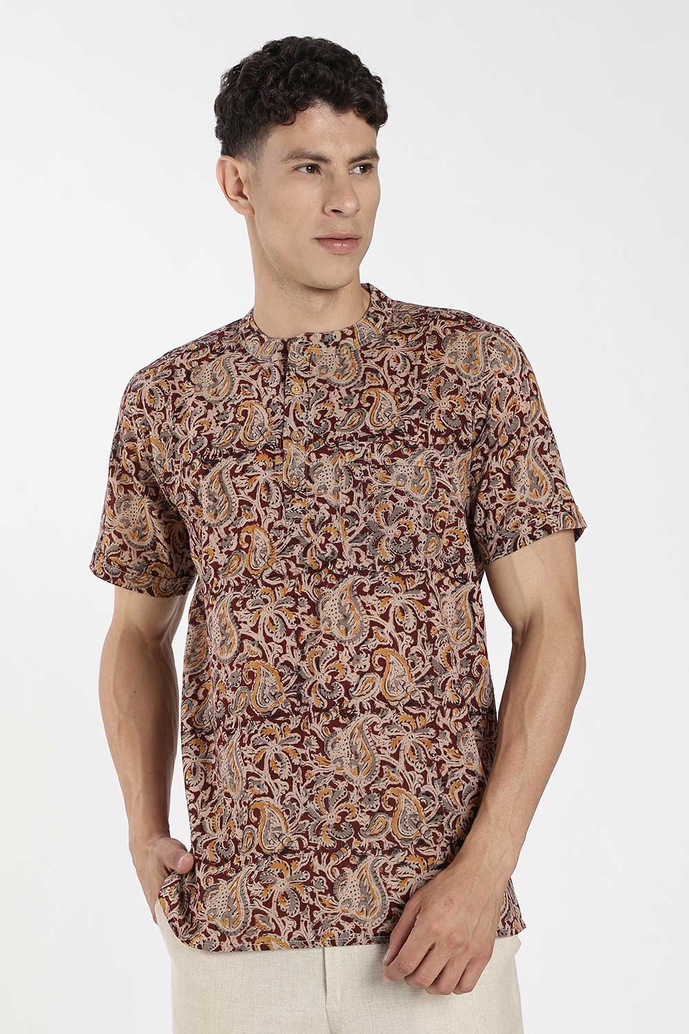 Enhance Men’s Cotton Short Kurta – Printed Casual Kurta with Mandarin Collar & Pocket | Everyday Wear Kurtha - Maroon - P5KU09