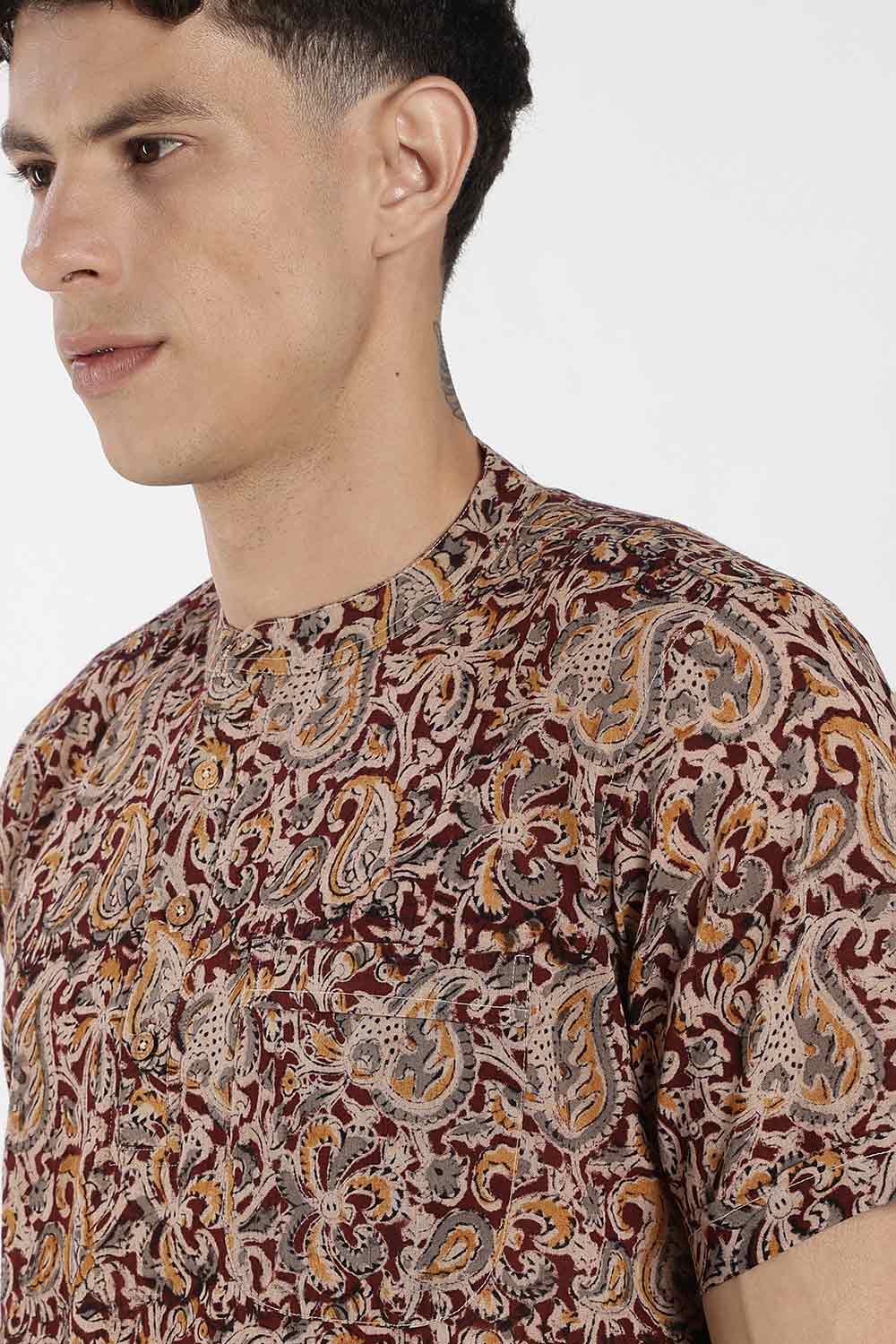 Enhance Men’s Cotton Short Kurta – Printed Casual Kurta with Mandarin Collar & Pocket | Everyday Wear Kurtha - Maroon - P5KU09