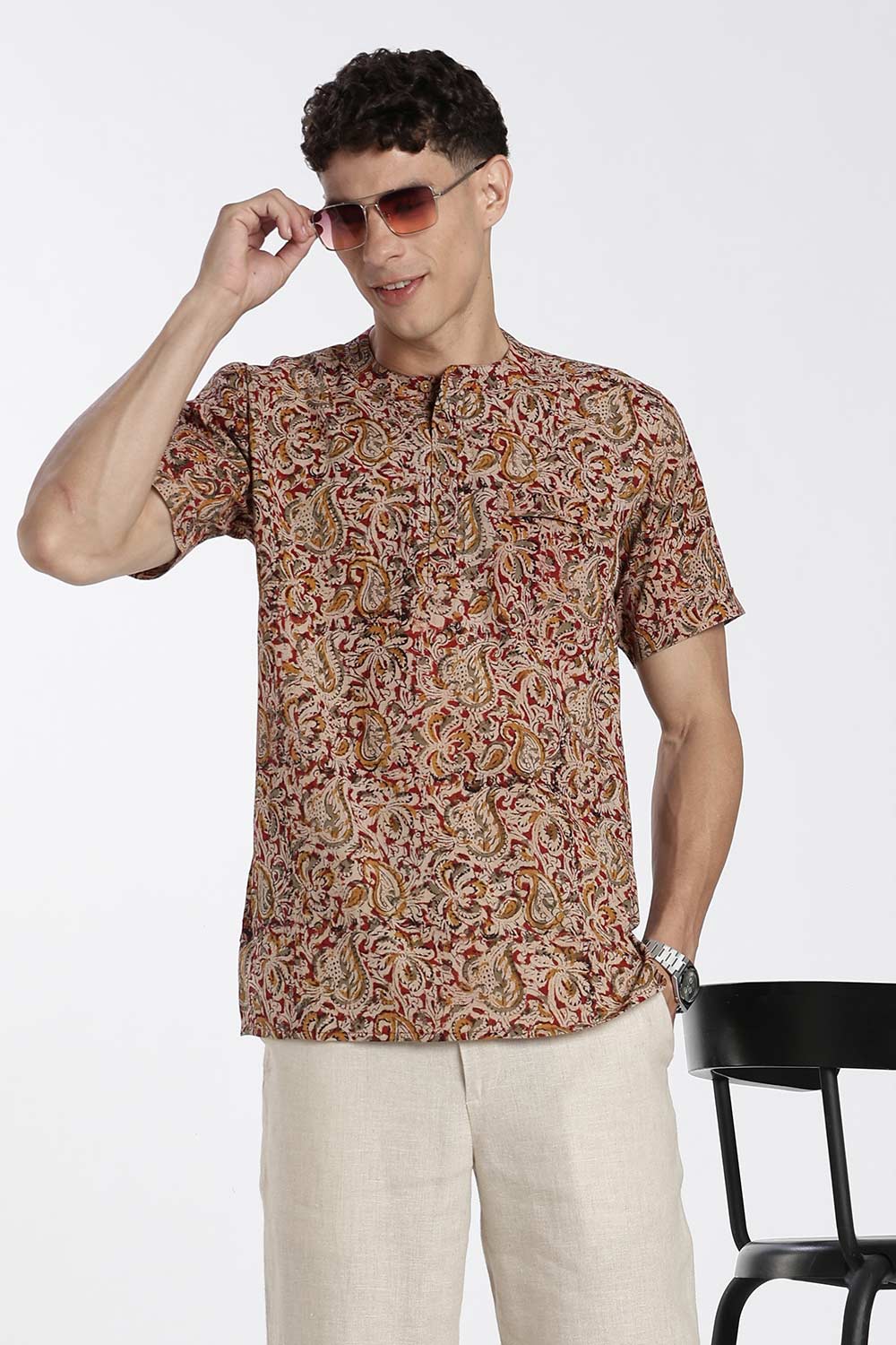 Enhance Men’s Cotton Short Kurta – Printed Casual Kurta with Mandarin Collar & Pocket | Everyday Wear Kurtha - Red - KU09