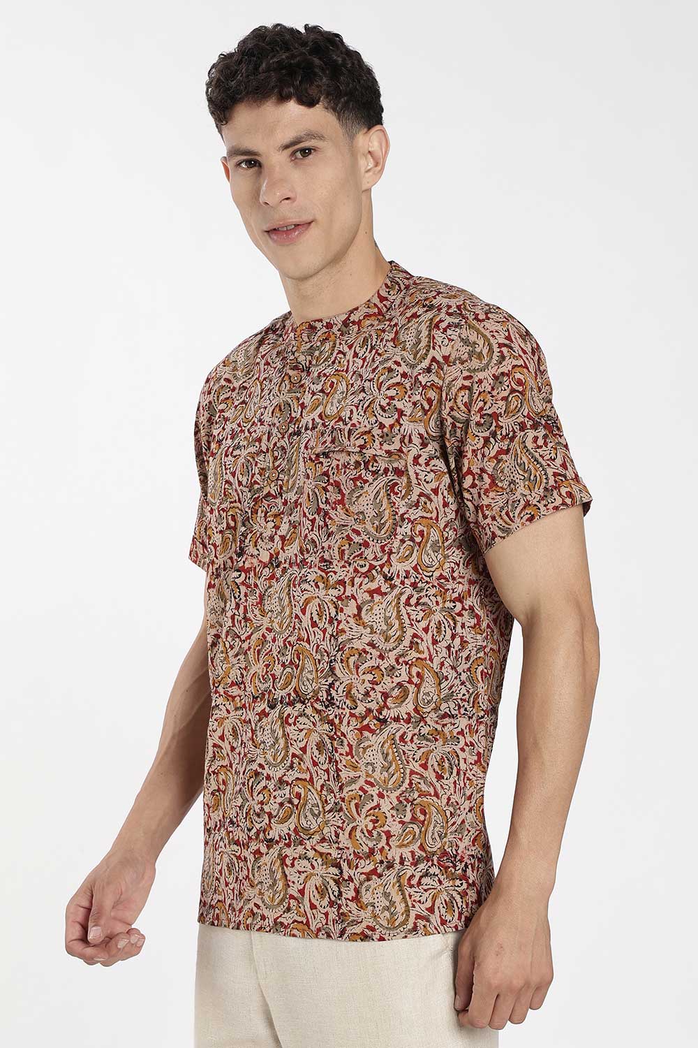 Enhance Men’s Cotton Short Kurta – Printed Casual Kurta with Mandarin Collar & Pocket | Everyday Wear Kurtha - Red - KU09