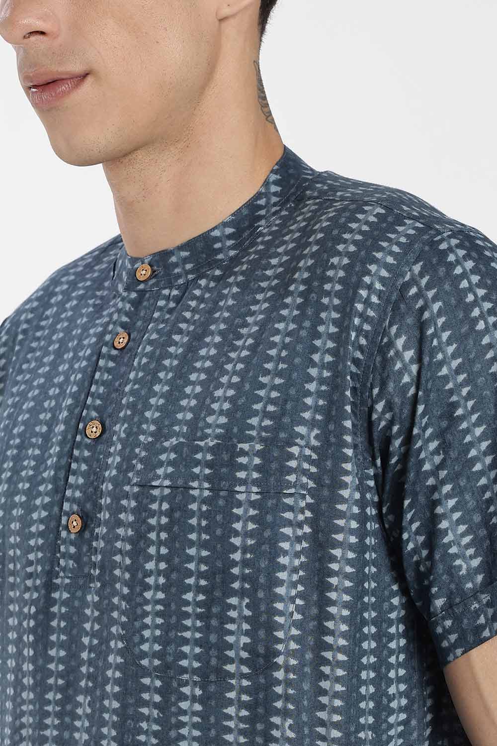Enhance Men’s Cotton Short Kurta – Printed Casual Kurta with Mandarin Collar & Pocket | Everyday Wear Kurtha - Blue - KU09