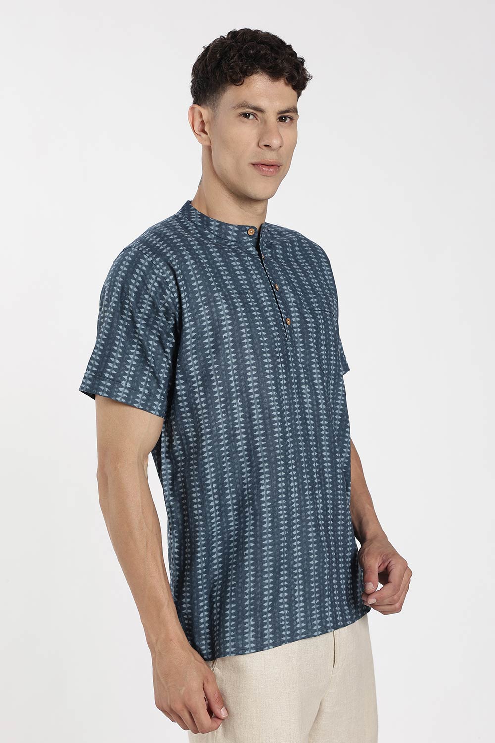 Enhance Men’s Cotton Short Kurta – Printed Casual Kurta with Mandarin Collar & Pocket | Everyday Wear Kurtha - Blue - KU09