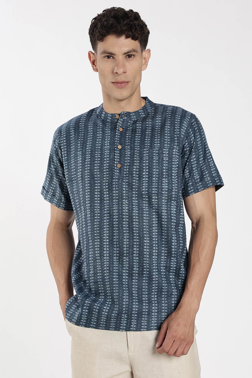 Enhance Men’s Cotton Short Kurta – Printed Casual Kurta with Mandarin Collar & Pocket | Everyday Wear Kurtha - Blue - KU09