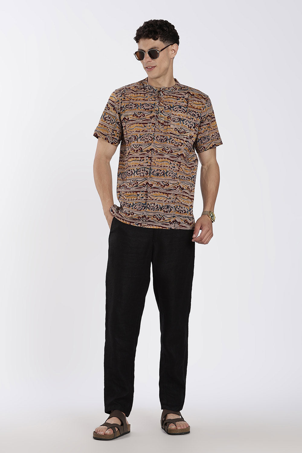 Enhance Men’s Cotton Short Kurta – Printed Casual Kurta with Mandarin Collar & Pocket | Everyday Wear Kurtha - Maroon - KU09