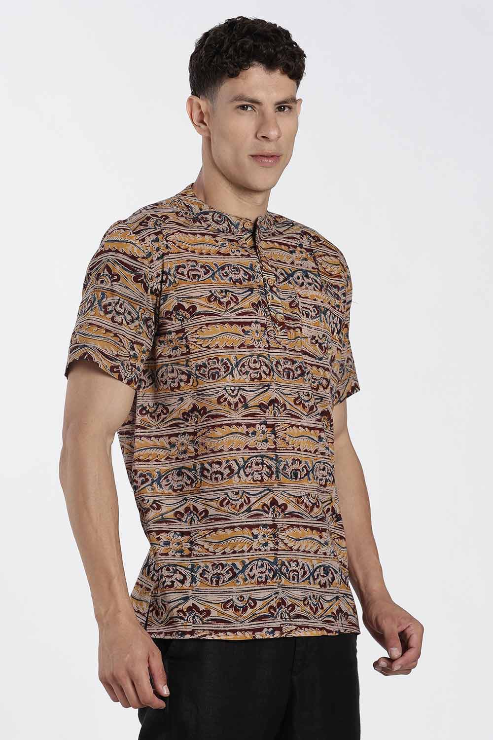 Enhance Men’s Cotton Short Kurta – Printed Casual Kurta with Mandarin Collar & Pocket | Everyday Wear Kurtha - Maroon - KU09