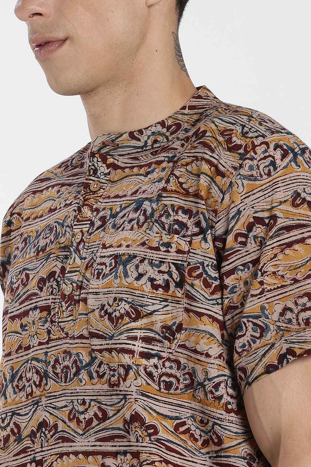 Enhance Men’s Cotton Short Kurta – Printed Casual Kurta with Mandarin Collar & Pocket | Everyday Wear Kurtha - Maroon - KU09