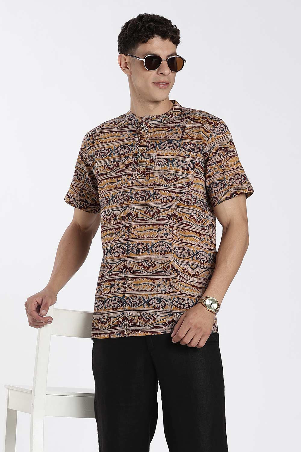 Enhance Men’s Cotton Short Kurta – Printed Casual Kurta with Mandarin Collar & Pocket | Everyday Wear Kurtha - Maroon - KU09