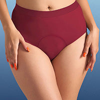 Maroon high-waisted period panties shown on a model