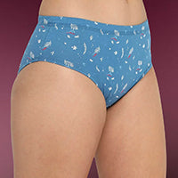 Blue printed panties shown on a model