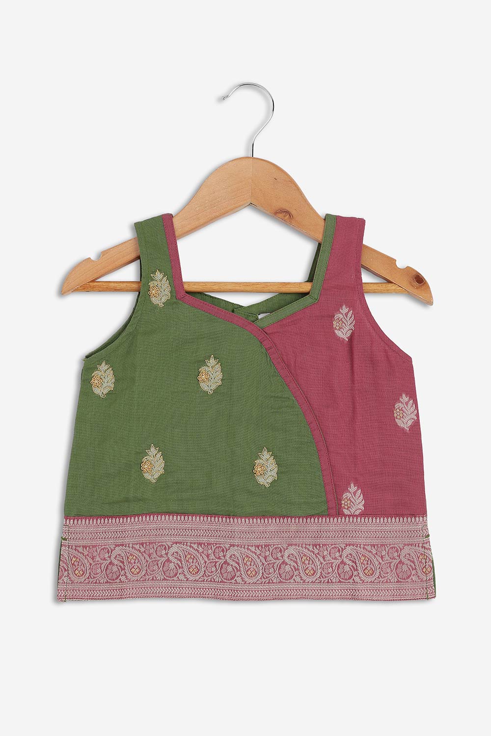 Chittythalli Girls Chanderi Pavadai Set – Asymmetrical Embroidered Top with Knife Pleated Skirt | Traditional Ethnic Wear for Girls - PS11