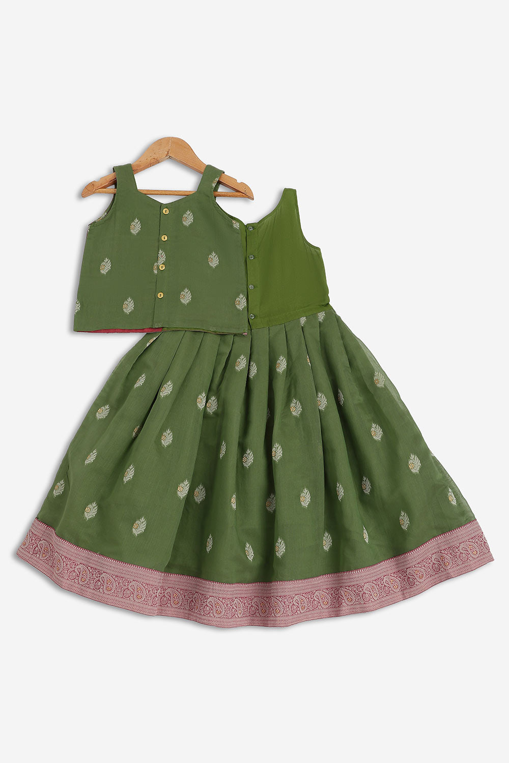 Chittythalli Girls Chanderi Pavadai Set – Asymmetrical Embroidered Top with Knife Pleated Skirt | Traditional Ethnic Wear for Girls - PS11