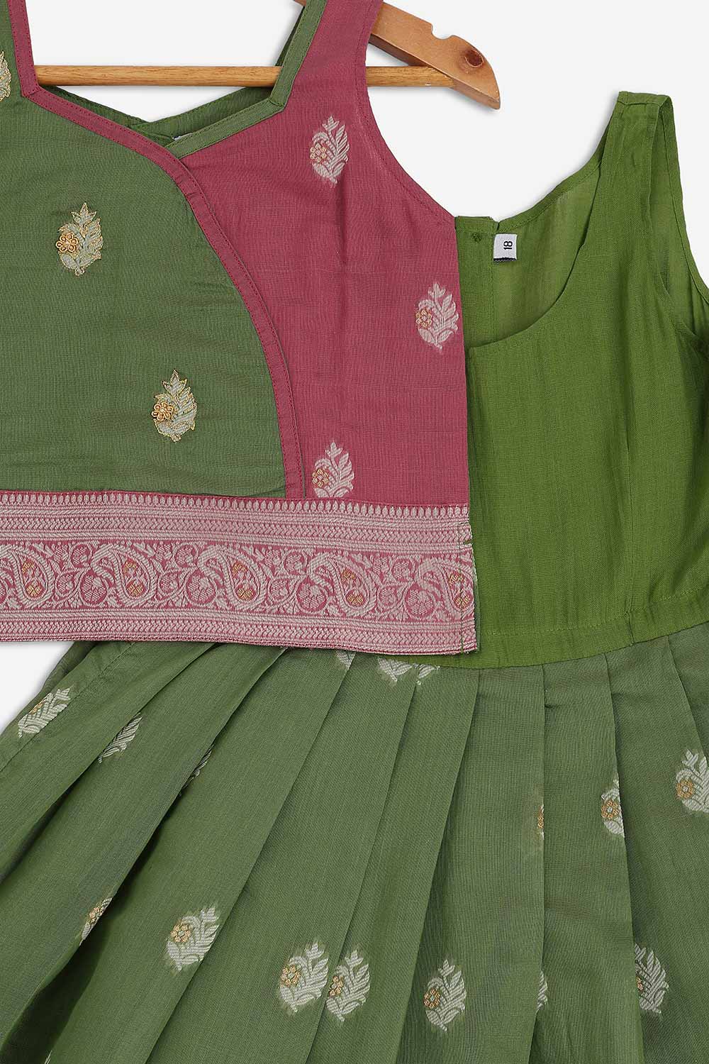 Chittythalli Girls Chanderi Pavadai Set – Asymmetrical Embroidered Top with Knife Pleated Skirt | Traditional Ethnic Wear for Girls - PS11