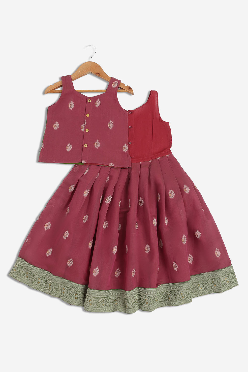 Chittythalli Girls Chanderi Pavadai Set – Asymmetrical Embroidered Top with Knife Pleated Skirt | Traditional Ethnic Wear for Girls - PS11