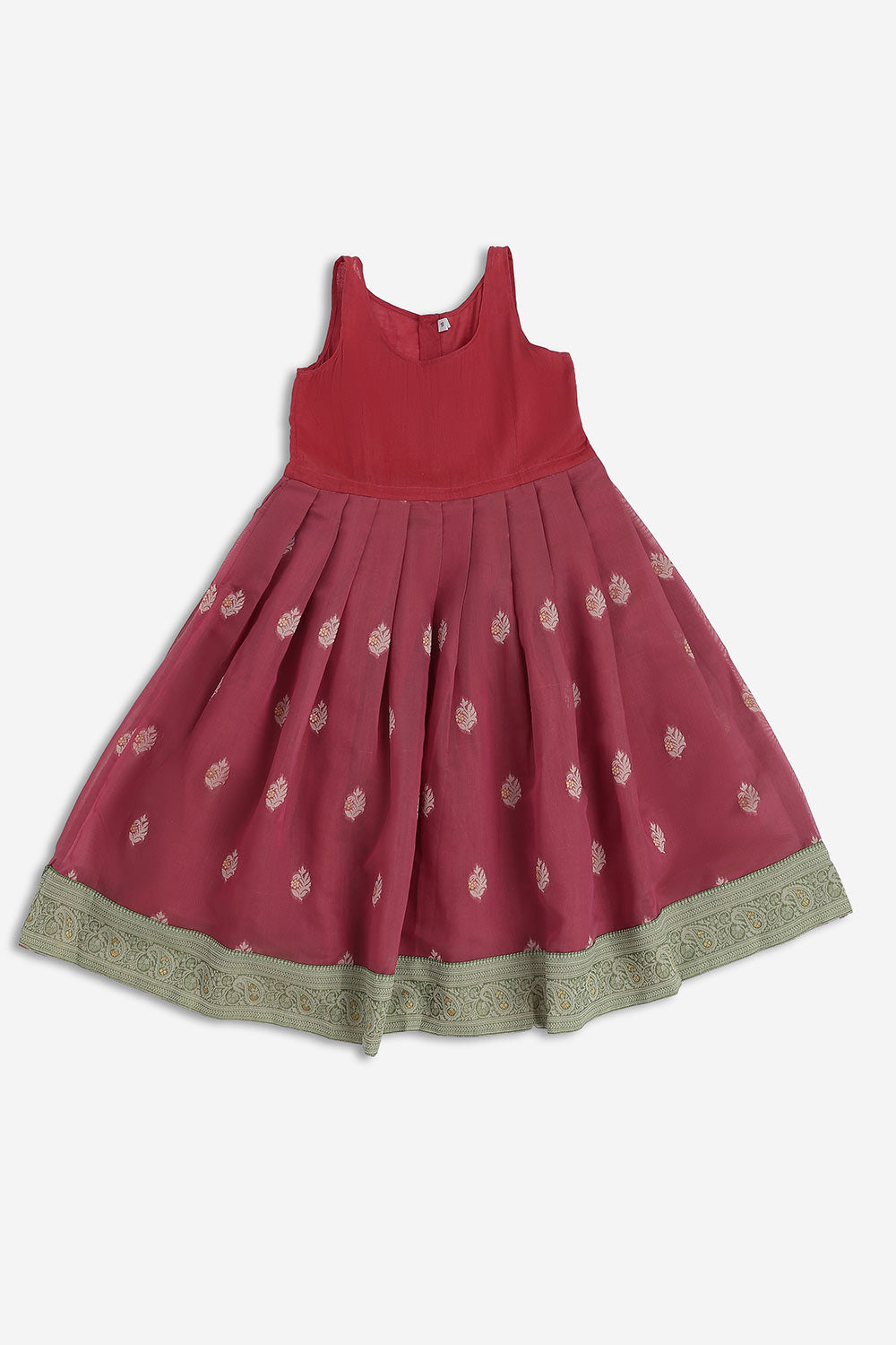 Chittythalli Girls Chanderi Pavadai Set – Asymmetrical Embroidered Top with Knife Pleated Skirt | Traditional Ethnic Wear for Girls - PS11