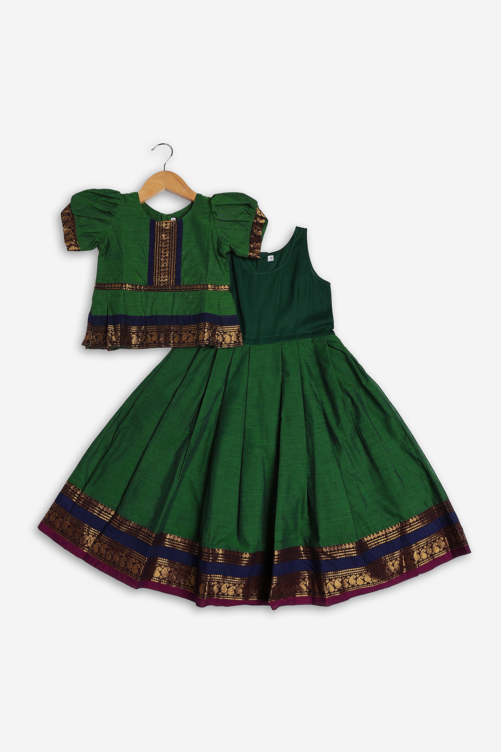Chittythali Girls Handloom Kanchi Cotton Pavadai Set | Traditional Peplum Top & Pleated Skirt Set | Kids Ethnic Wear | Temple, Festive & Wedding Wear for Girls - PS16