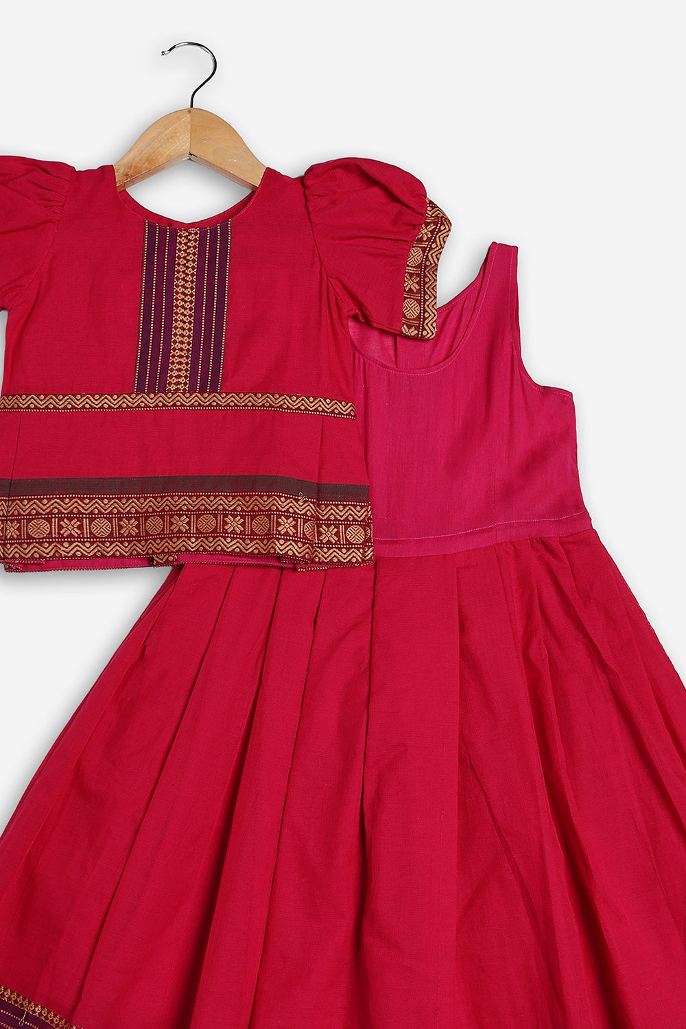 Chittythali Girls Handloom Kanchi Cotton Pavadai Set | Traditional Peplum Top & Pleated Skirt Set | Kids Ethnic Wear | Temple, Festive & Wedding Wear for Girls - PS16