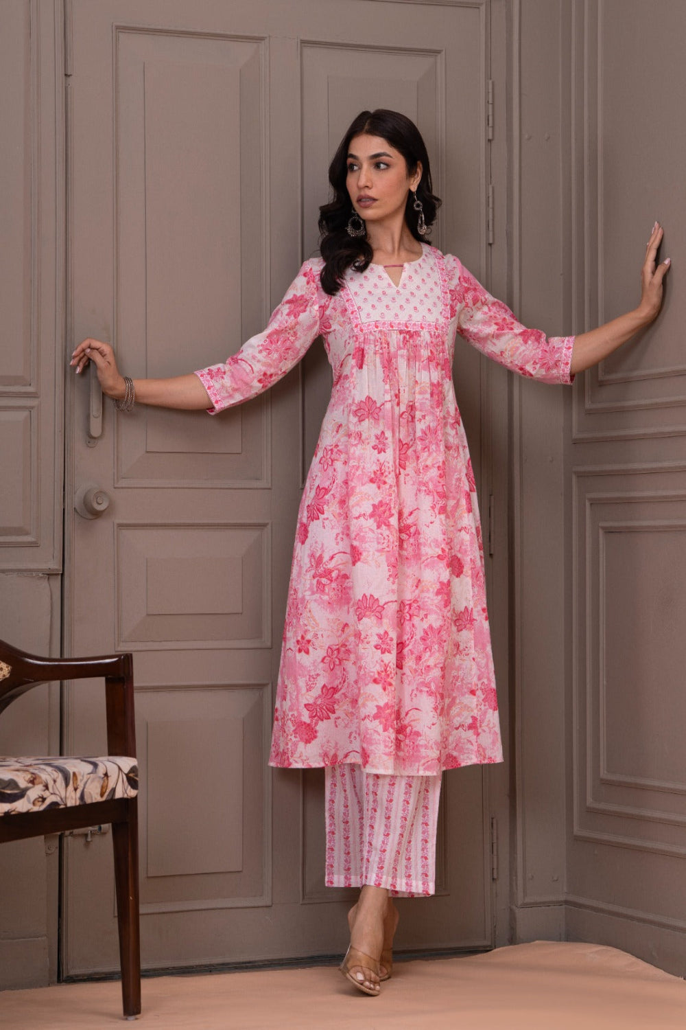 Mythri Women’s Pink Floral Printed Cotton Kurta Set with Embroidered Yoke, V-Notch Neckline & Striped Pants | Daily Wear Cotton Chambric Kurti Set - K101