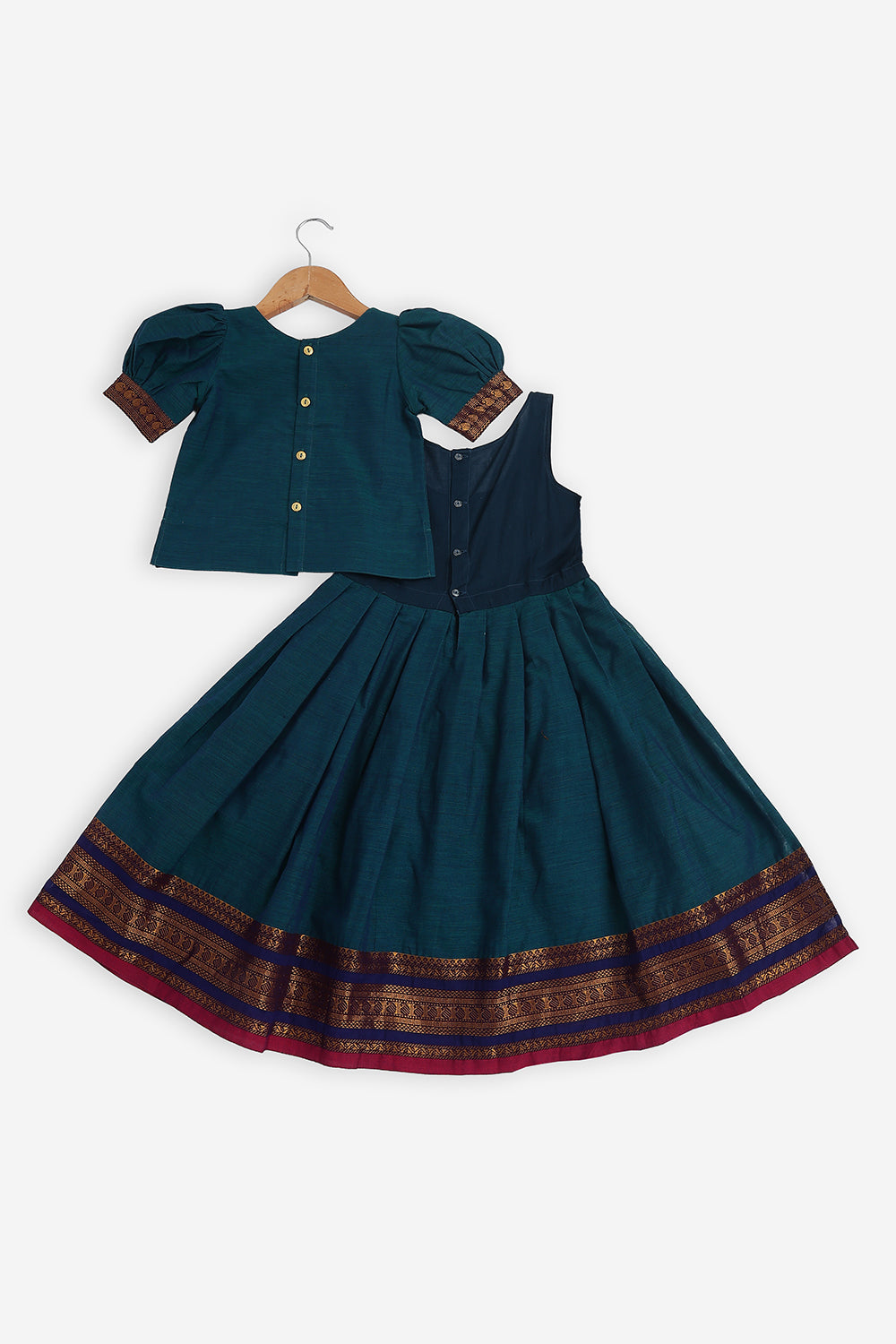 Chittythalli Girls Handloom Kanchi Cotton Pavadai Set | Traditional Cotton Ethnic Wear for Girls | Puff Sleeve Pavadai Dress with Border Patch Work - PS19