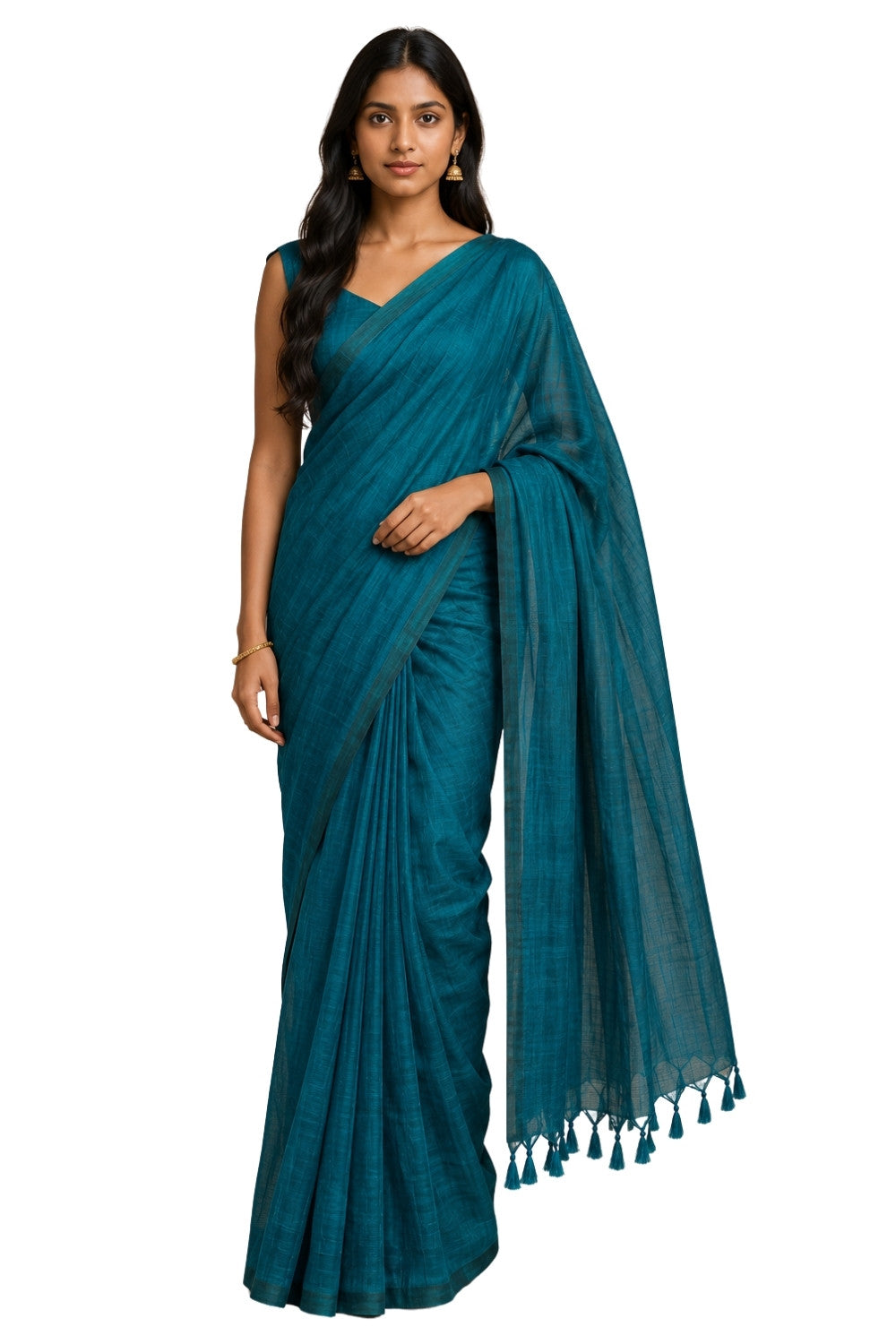 Naidu Hall Women's Peacock Green Khadi Cotton Blend Solid Saree with Blouse | Lightweight Ethnic Wear Saree - G359
