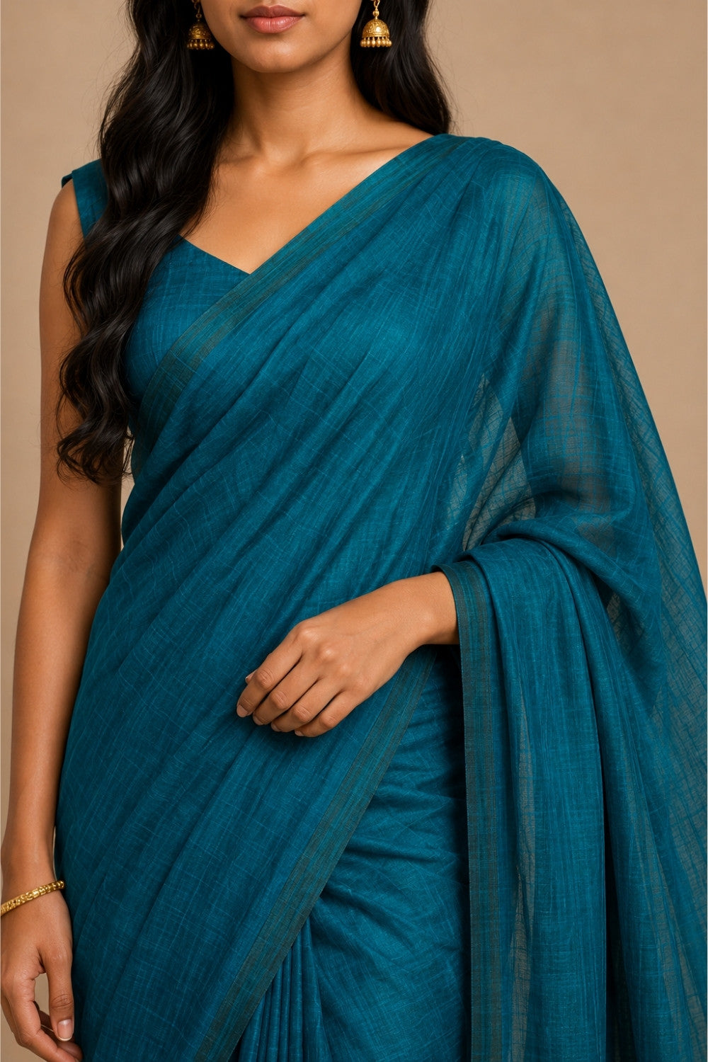 Naidu Hall Women's Peacock Green Khadi Cotton Blend Solid Saree with Blouse | Lightweight Ethnic Wear Saree - G359