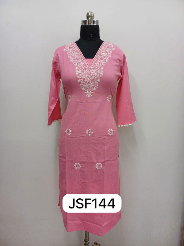 Women’s Women’s Cotton Blend Embroidered Kurthi with V-Neck & 3/4 Sleeves – Below Knee Length - Pink - F144