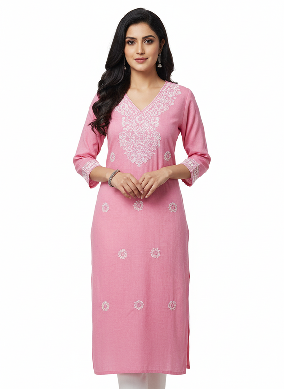 Women’s Women’s Cotton Blend Embroidered Kurthi with V-Neck & 3/4 Sleeves – Below Knee Length - Pink - F144