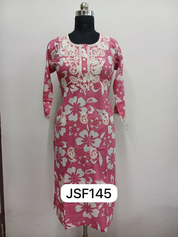 Women’s Women’s Cotton Blend Printed Kurthi with Round Neck & 3/4 Sleeves – Below Knee Length - Pink - F145