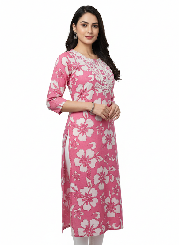 Women’s Women’s Cotton Blend Printed Kurthi with Round Neck & 3/4 Sleeves – Below Knee Length - Pink - F145