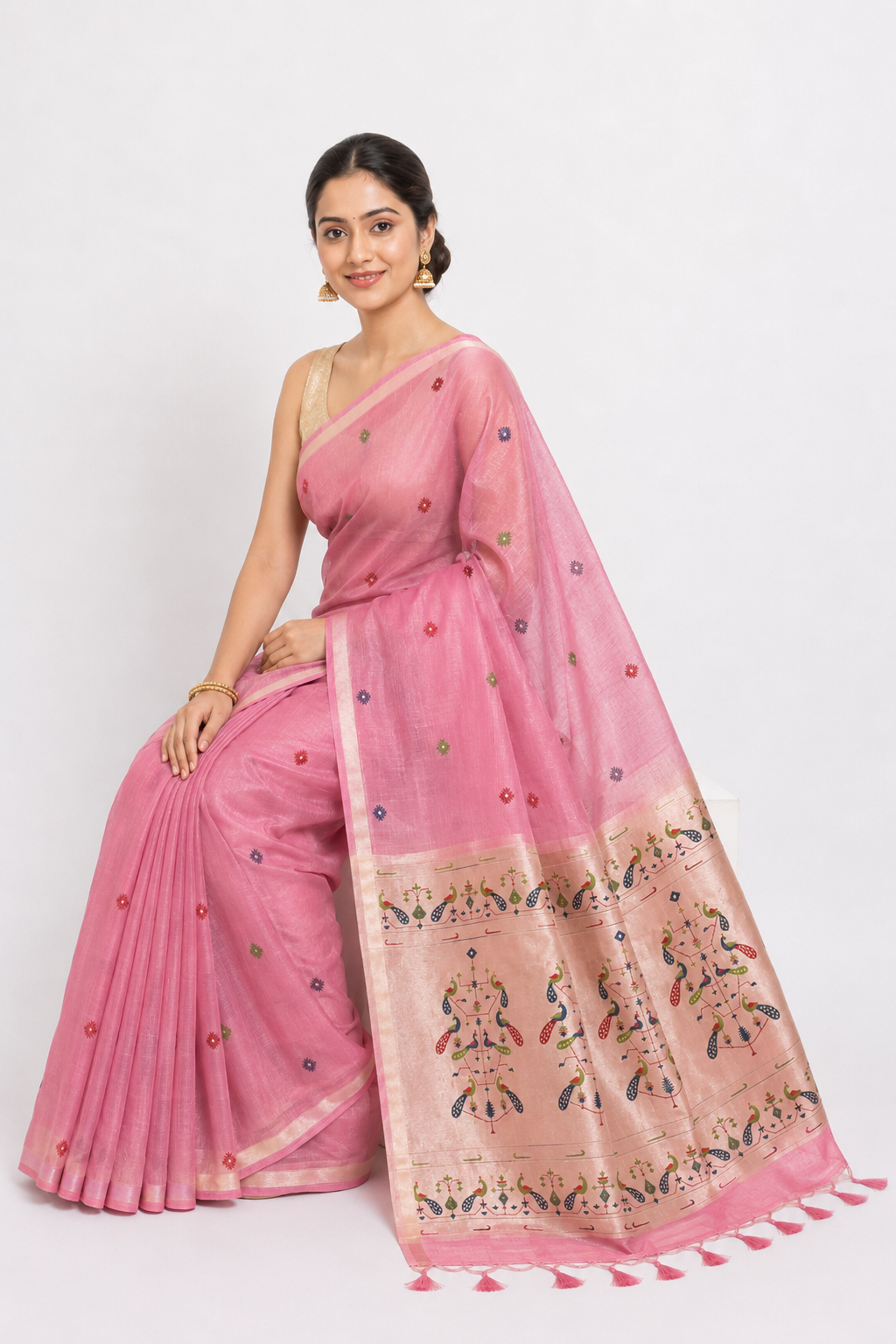 Women's Jacquard Linen Saree | Lightweight Ethnic Wear Saree for Office Wear, Daily Wear, Festive Wear, Pooja Wear, Family Gatherings - AK33