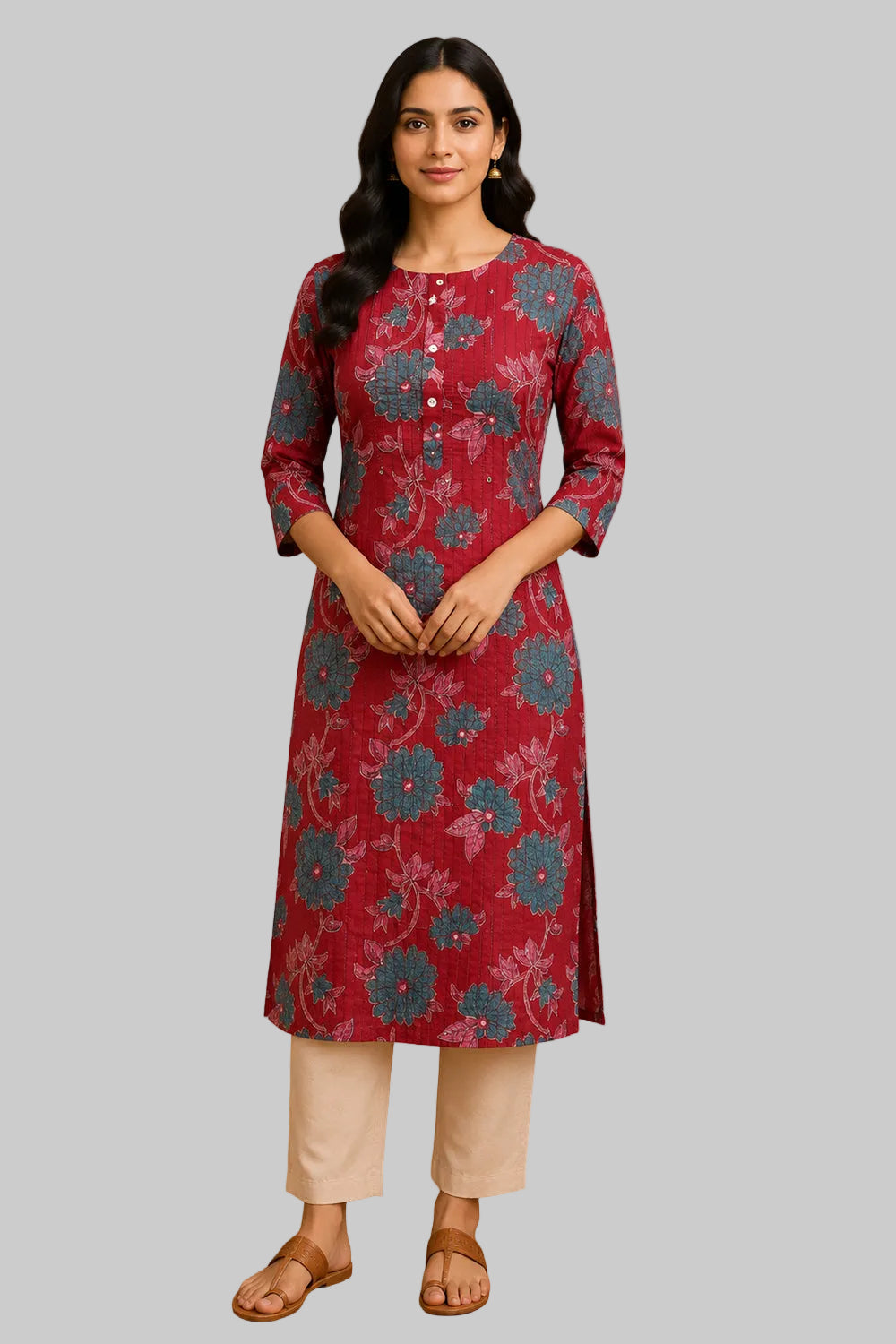 Women's Cotton Blend Printed Kurti | Round Neck 3/4 Sleeve Below Knee Kurti for Women | Regular Fit Ethnic Daily Wear Kurta - JS54