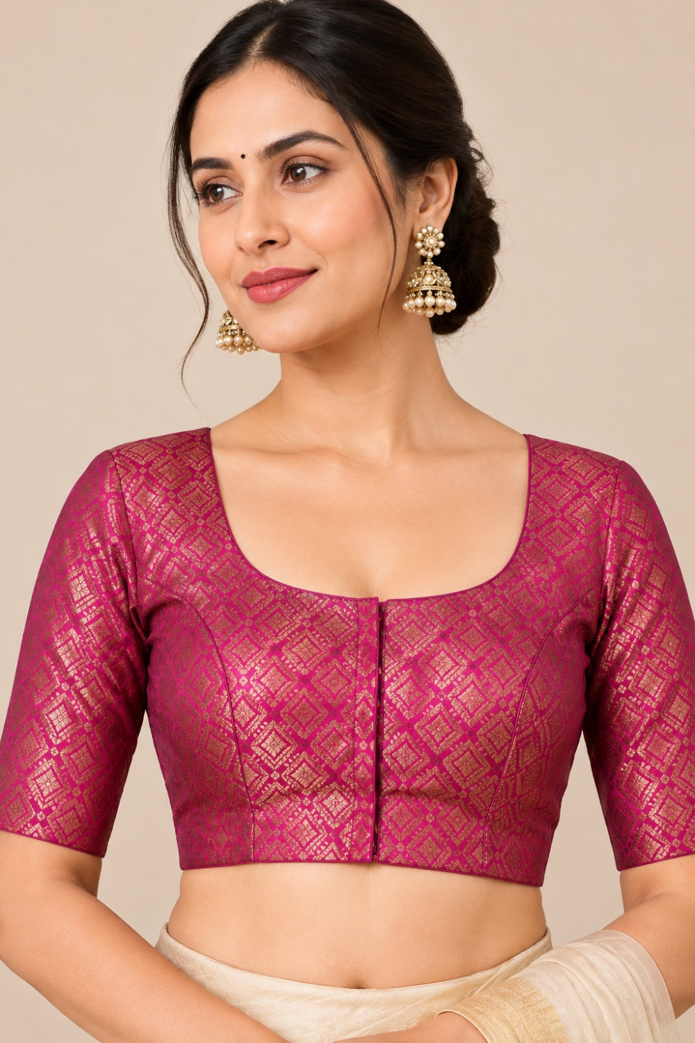 Women's Art Silk Printed Saree Blouse | Round Neck Elbow Sleeve Readymade Blouse | Regular Fit Woven Ethnic Blouse | 4341