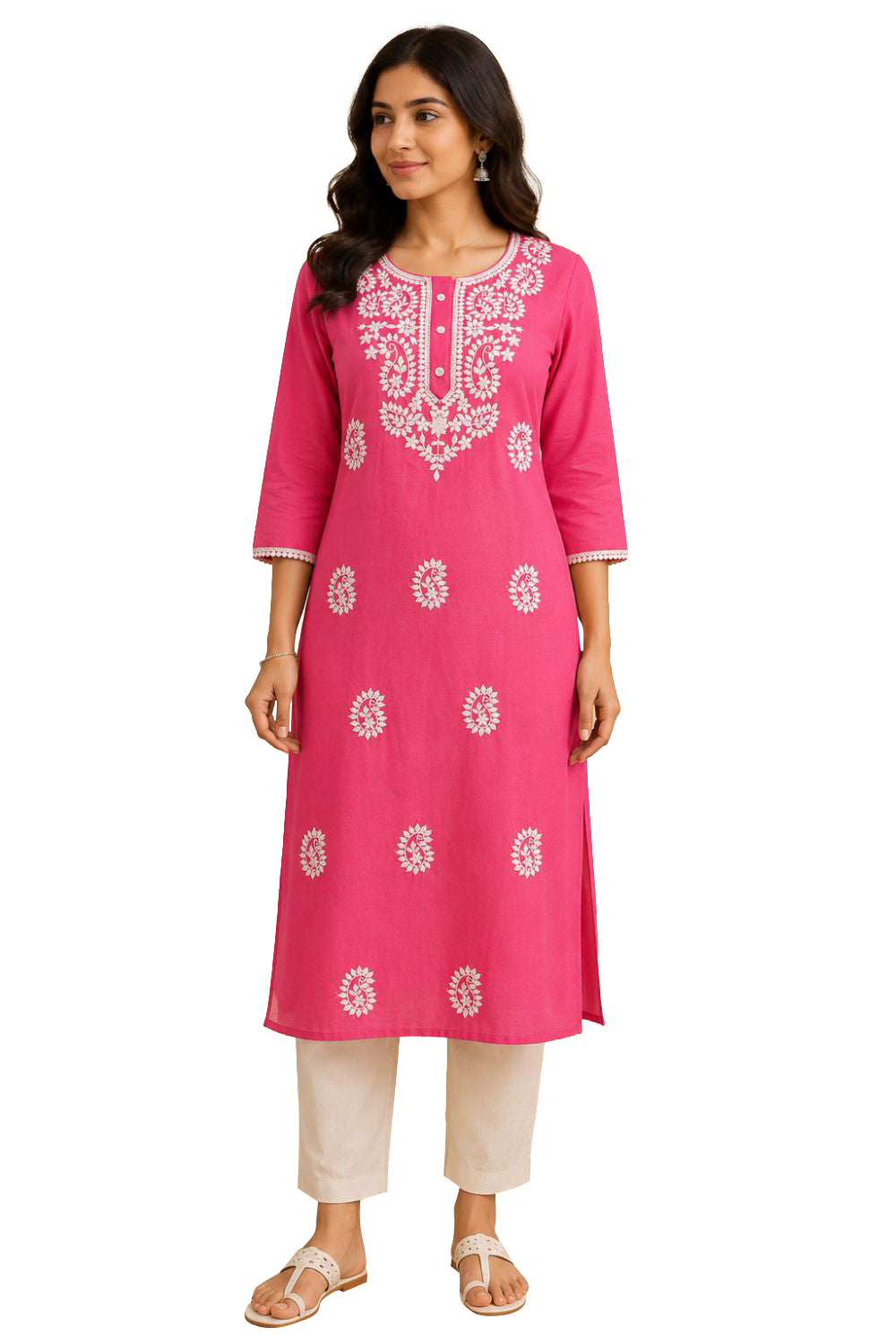 Women's Cotton Blend Embroidered Kurti | Round Neck 3/4 Sleeve Below Knee Kurti for Women | Regular Fit Ethnic Daily Wear Kurta - JS51