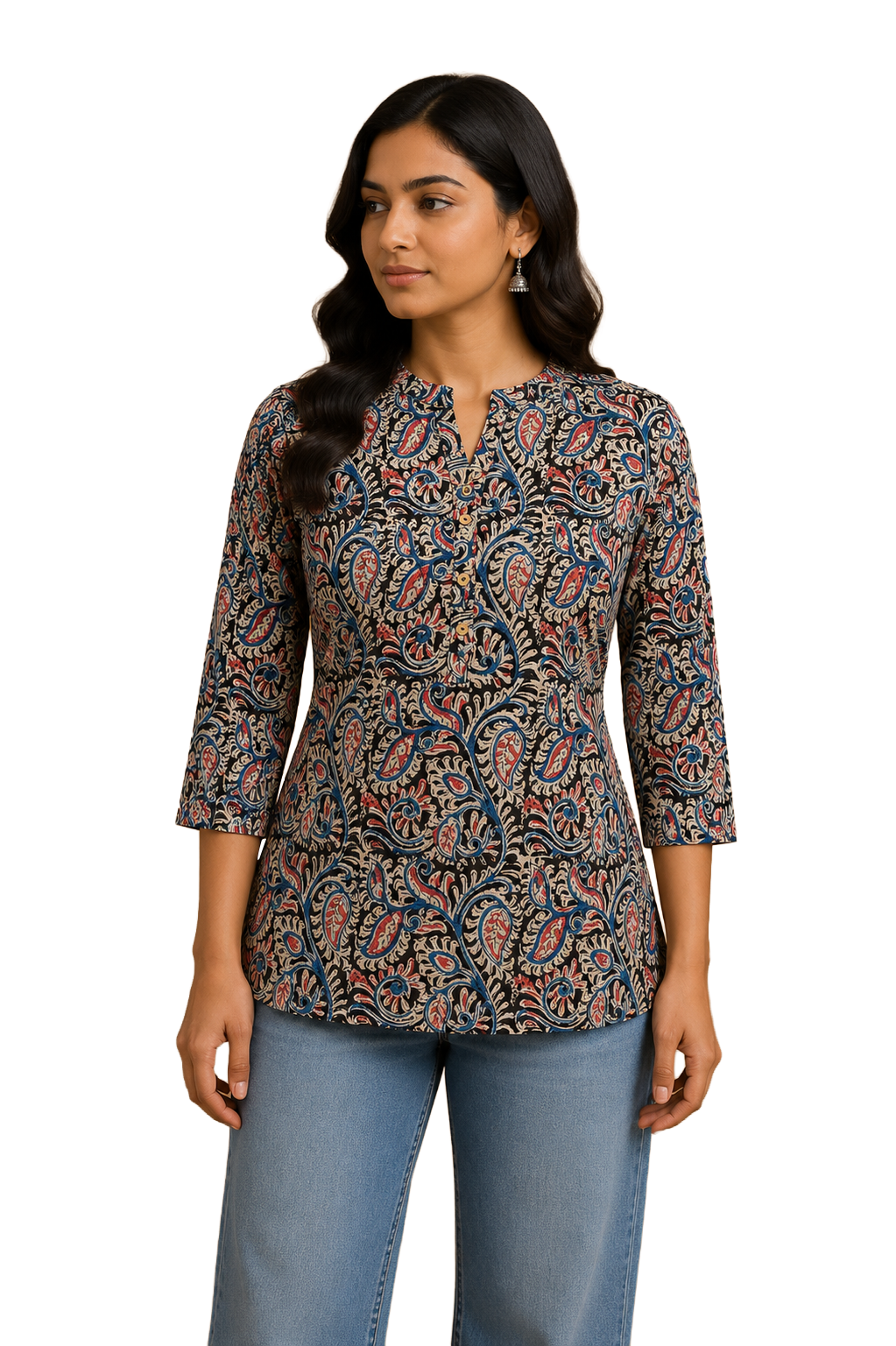 Women's Cotton Blend Printed Mandarin Collar Top | 3/4 Sleeve Casual Top for Women | Regular Fit Everyday Office & Casual Wear - JS25