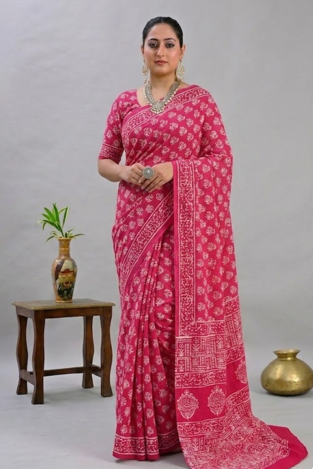 Naidu Hall Women's Coral Pink Jaipur Print Cotton Blend Saree with Blouse | Lightweight Ethnic Wear Saree - WS07
