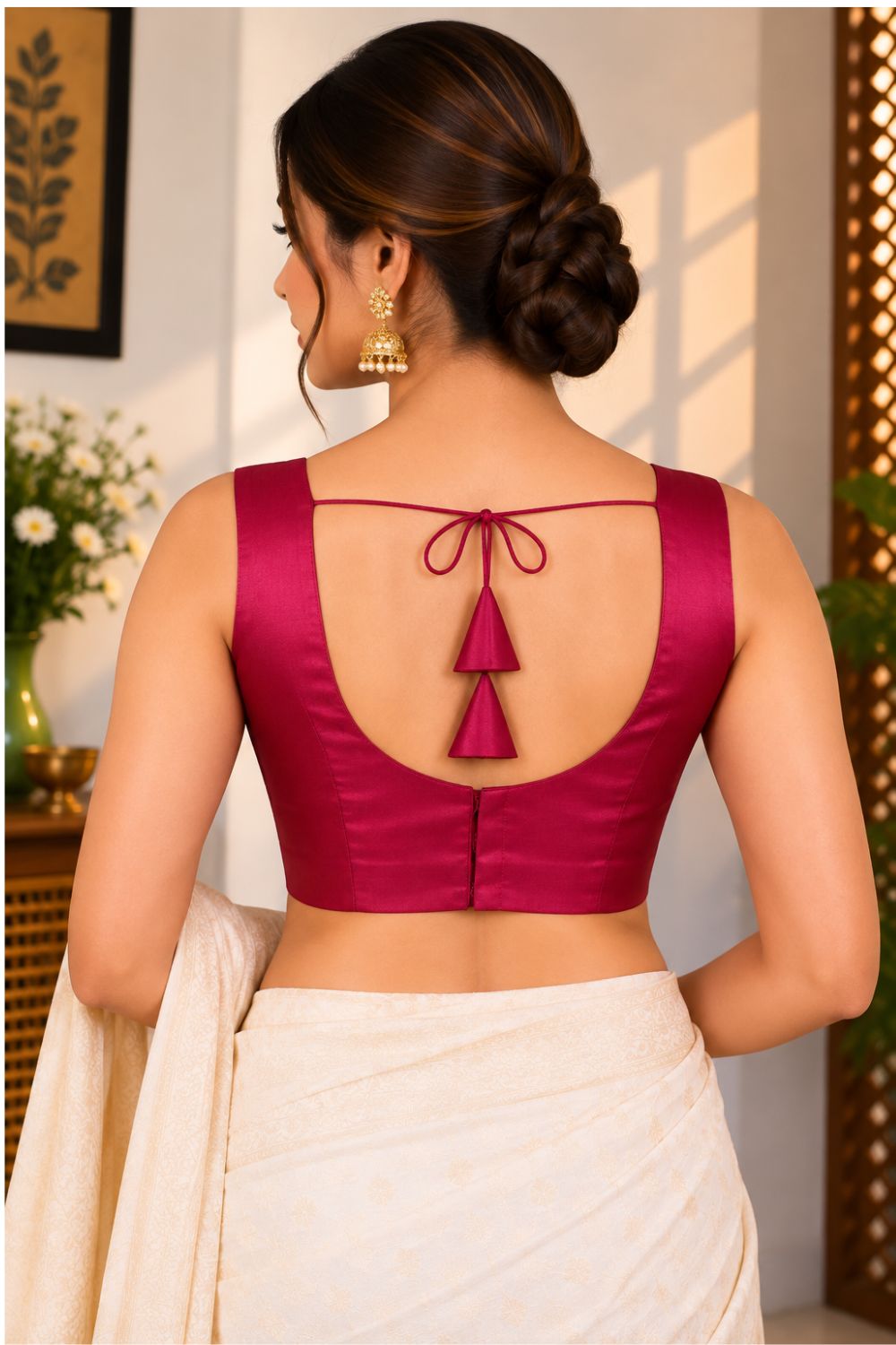 Women's Solid Silk Blend Saree Blouse with V Neck Neckline and attachable Elbow Sleeve - Regular | Ready-to-Wear Saree Blouse for Daily Wear, Festive Wear, Office Wear, Special Occasions - L640