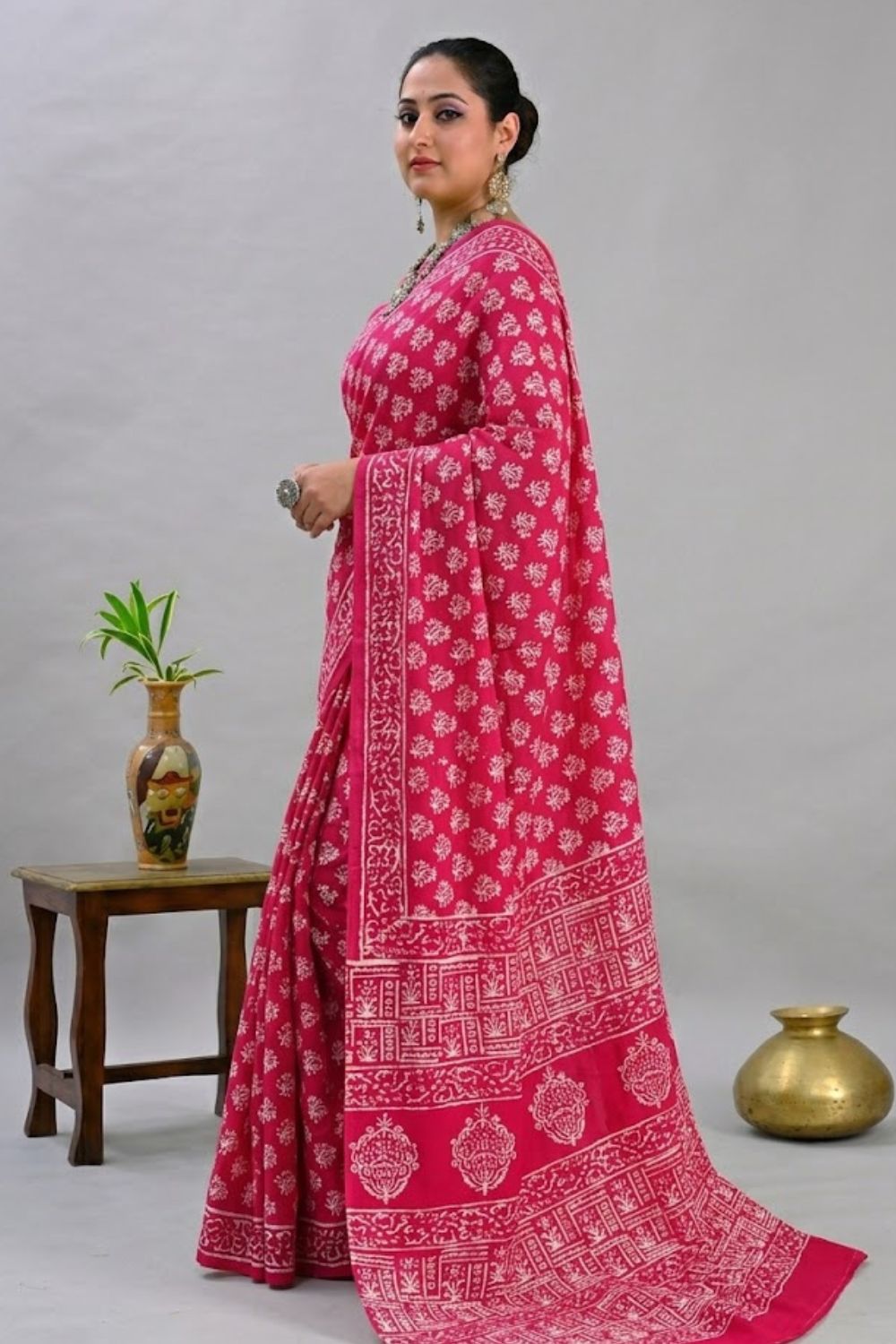 Naidu Hall Women's Coral Pink Jaipur Print Cotton Blend Saree with Blouse | Lightweight Ethnic Wear Saree - WS07