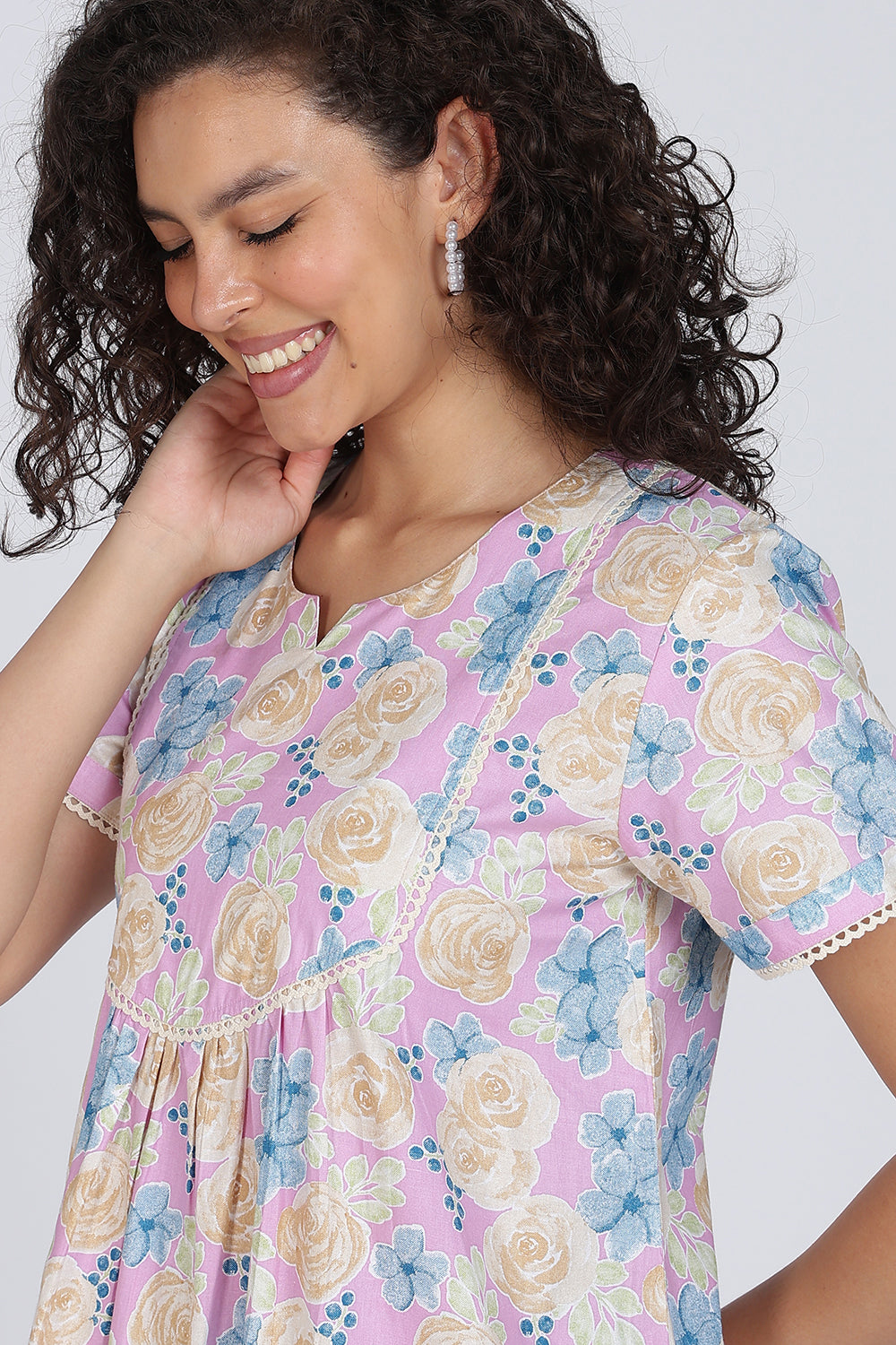 Naidu Hall Printed Cotton Nighty for Women – Full Length Flared A-Line Sleepwear with Lace Yoke & Pocket | Comfortable Daily Wear Nighty
- N131