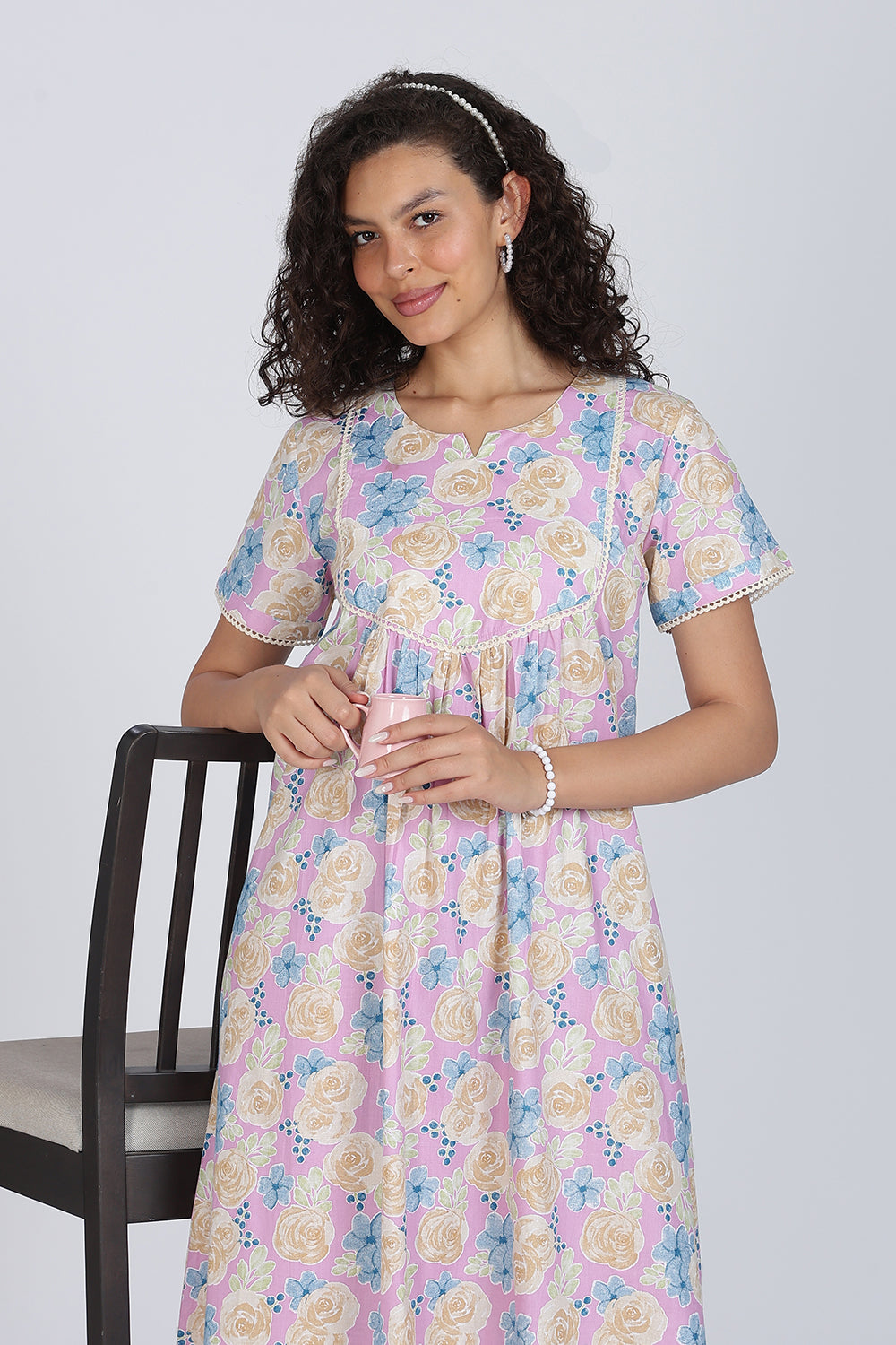 Naidu Hall Printed Cotton Nighty for Women – Full Length Flared A-Line Sleepwear with Lace Yoke & Pocket | Comfortable Daily Wear Nighty
- N131
