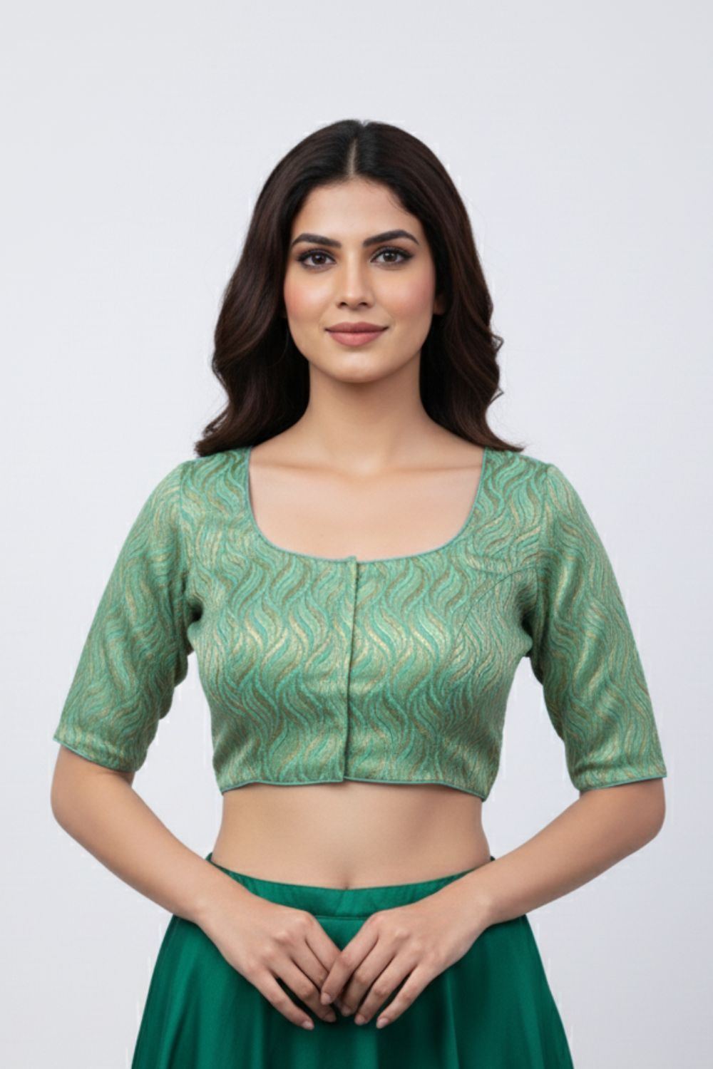 Women's Blouse Art Silk Padded Front Open Round Neck Princess Cut Elbow Sleeve Saree Blouse with Round Back - Pista Green - 4189