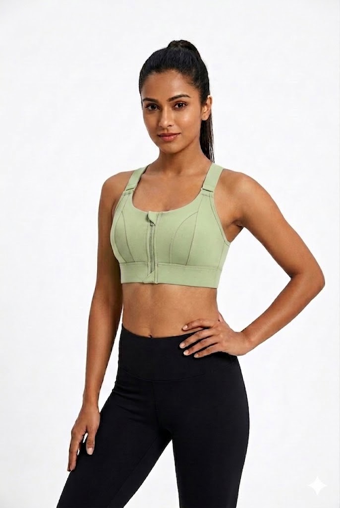 High Support Sports Bra for Women – Front Zip Adjustable Strap Workout Padded Bra with Velcro Straps & Underband | Gym, Running & Training Bra - 0839