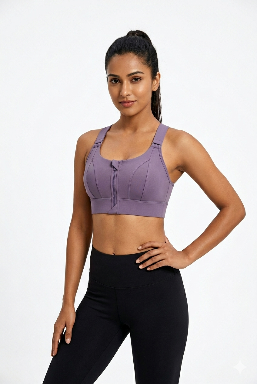 High Support Sports Bra for Women – Front Zip Adjustable Strap Workout Padded Bra with Velcro Straps & Underband | Gym, Running & Training Bra - 0839
