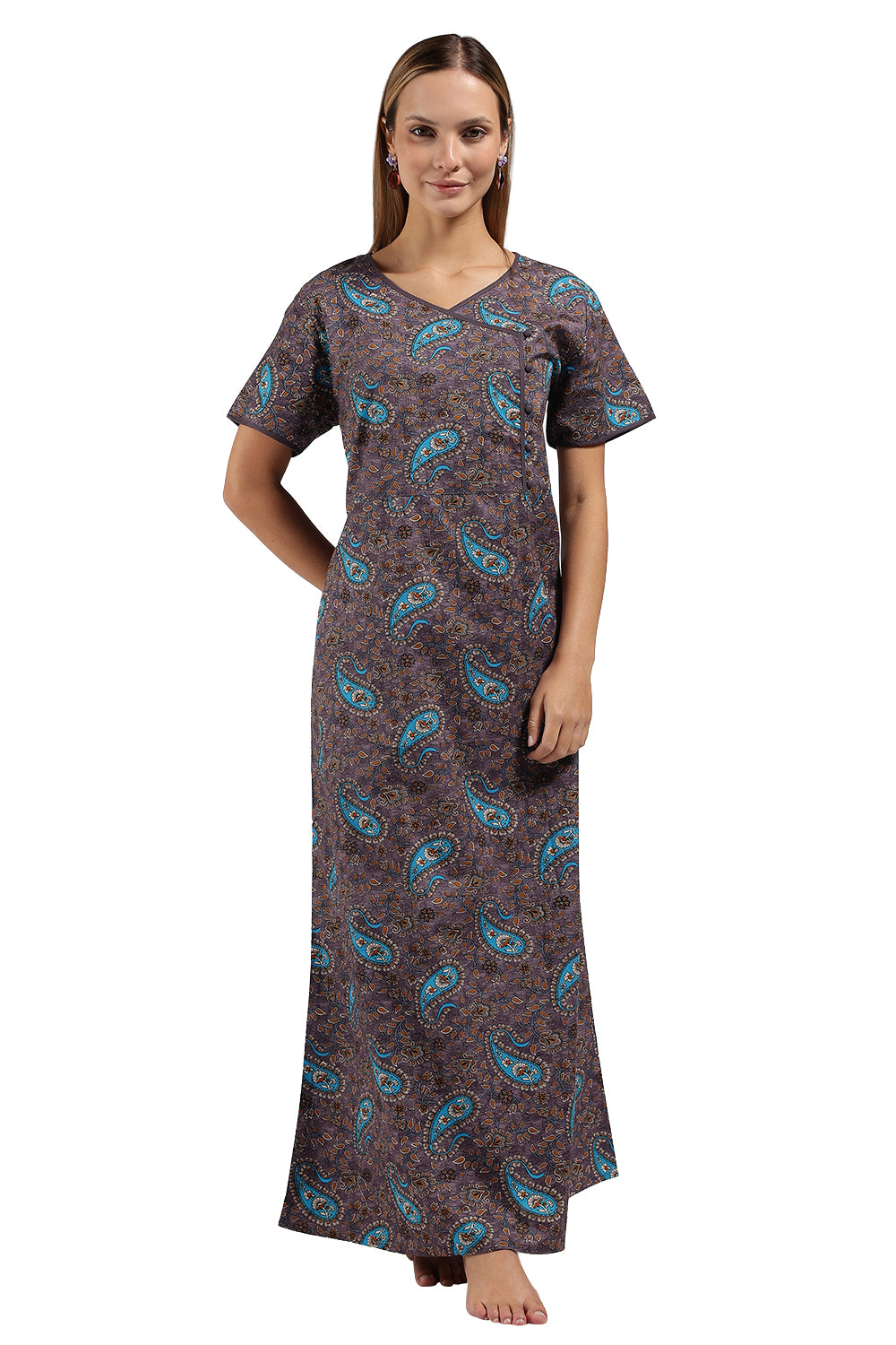 Naidu Hall Printed Cotton Nighty for Women – A-Line Relaxed Fit Sleepwear with V-Neck & Asymmetric Panel | Comfortable Daily Wear Nighty
- N121
