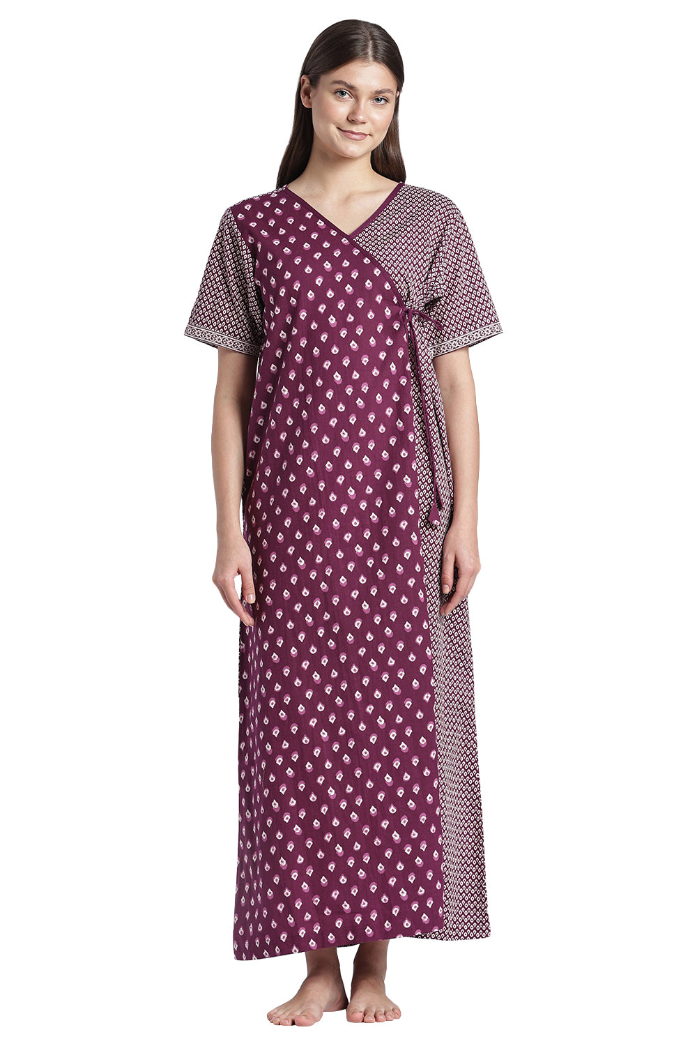 Naidu Hall Women’s Printed Cotton Nighty | V-Neck Night Dress with Contrast Yoke Border | Short Sleeve Daily Wear, Sleepwear & Loungewear
- NB52