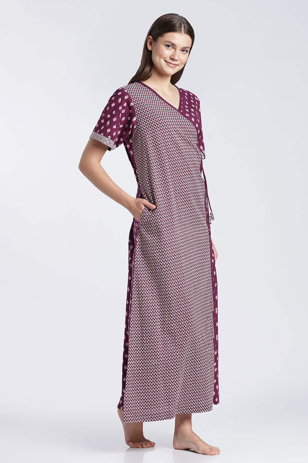 Naidu Hall Women’s Printed Cotton Angarakha Nighty | V-Neck Wrap Style Night Dress with Tie-Up | Short Sleeve Daily Wear, Sleepwear & Loungewear
- NB51