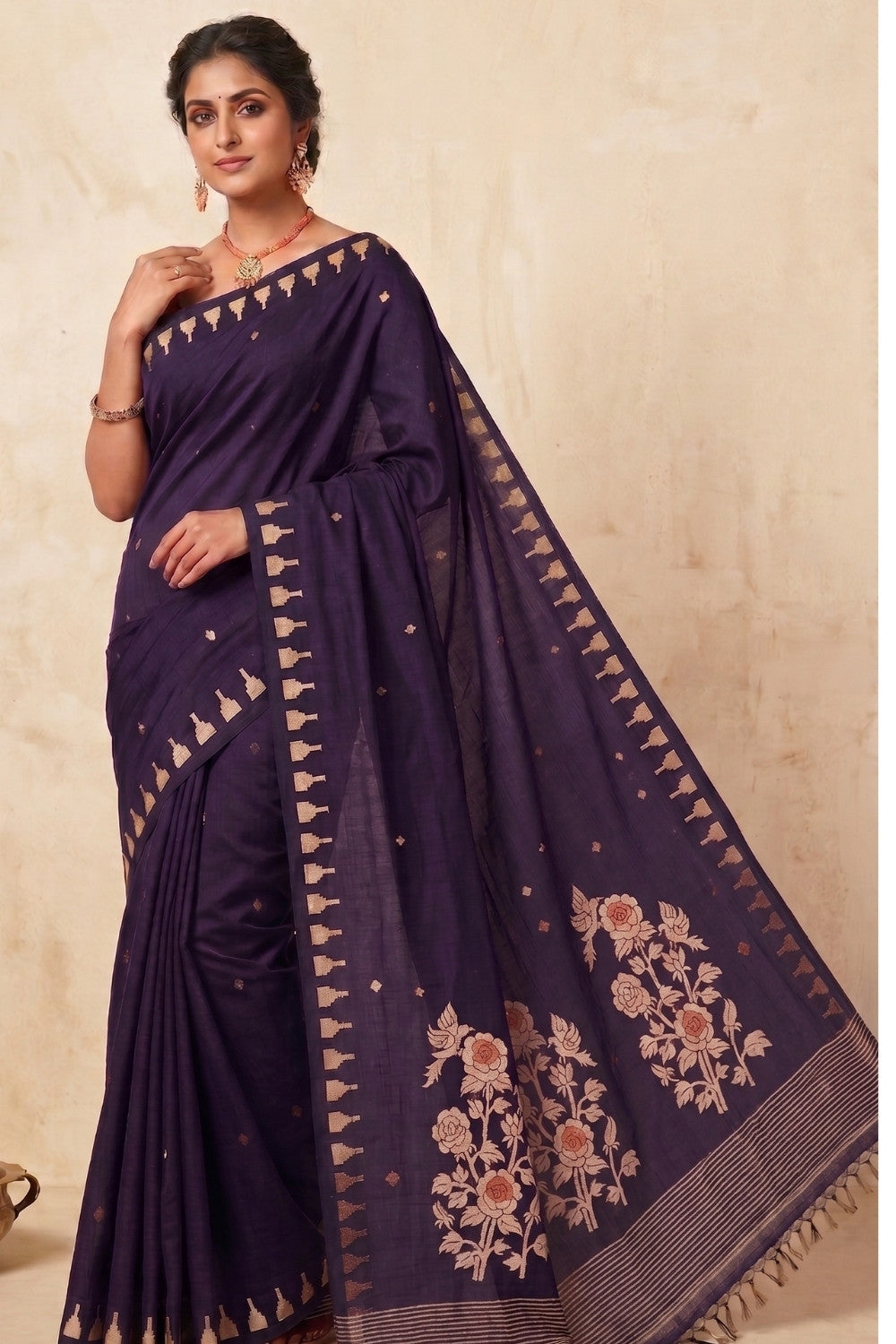 Naidu Hall Women's Purple Khadi Cotton Blend Jacquard Saree with Blouse | Lightweight Ethnic Wear Saree - G533