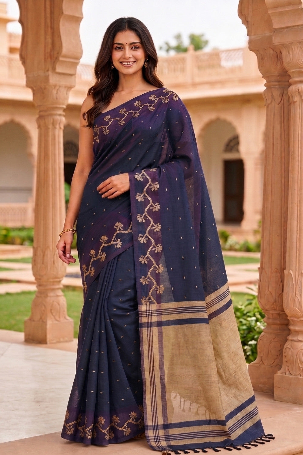 Naidu Hall Women's Purple Khadi Cotton Blend Jacquard Saree with Blouse | Lightweight Ethnic Wear Saree - G475