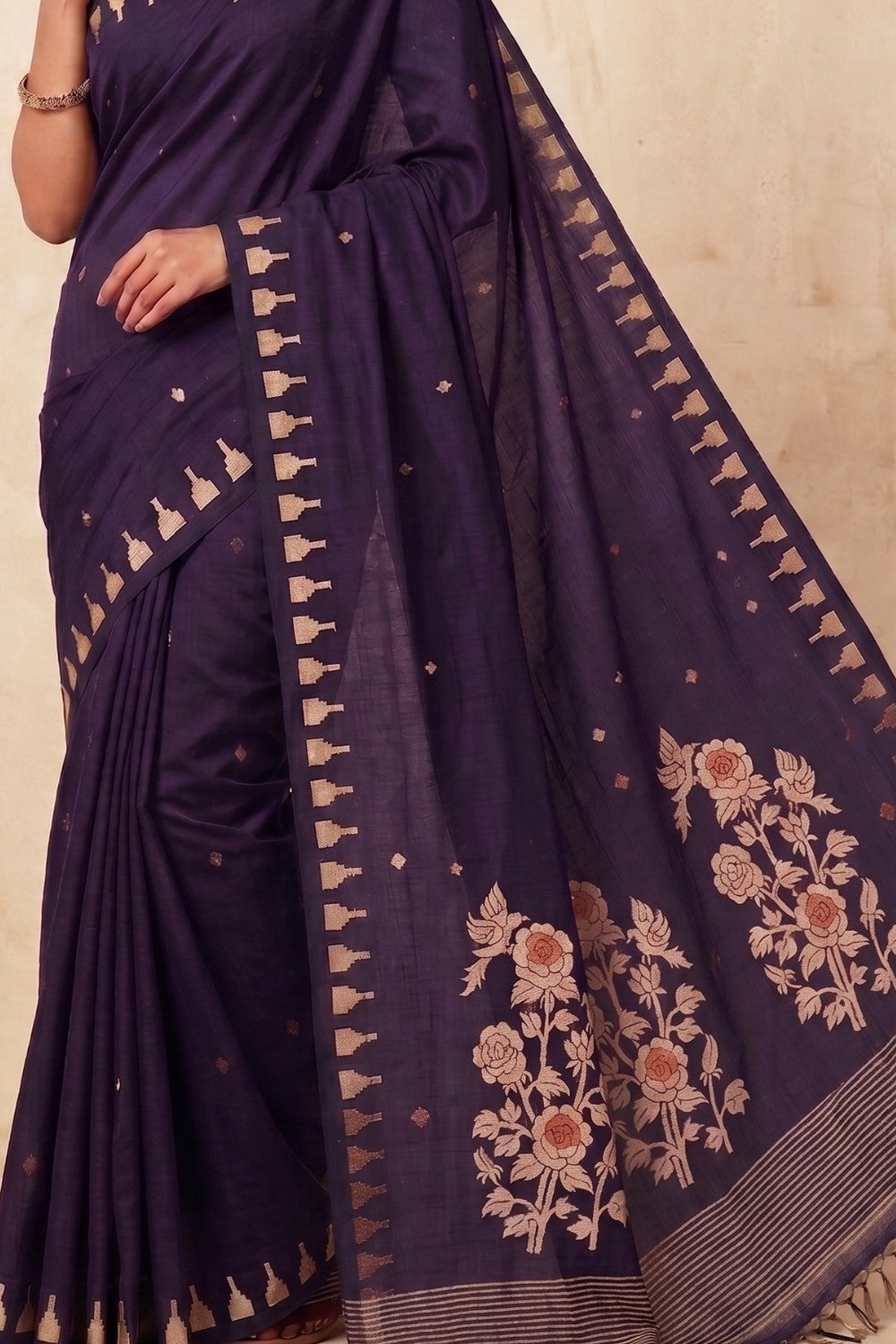 Naidu Hall Women's Purple Khadi Cotton Blend Jacquard Saree with Blouse | Lightweight Ethnic Wear Saree - G533